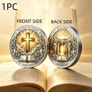 1PC Easter Resurrection Theme Coin, Alloy Material, 3D Relief Collectible Medal, Cross Bible Verse, Inspirational Gift for Family Friends Parents
