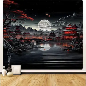 Japanese Riverside Tapestry,Mountain Forest Nature Tapestry for Bedroom,Black and White Moon Landscape Wall Hanging,Aesthetic Anime Art Decor for Bedroom Living,59 x 51 Inch
