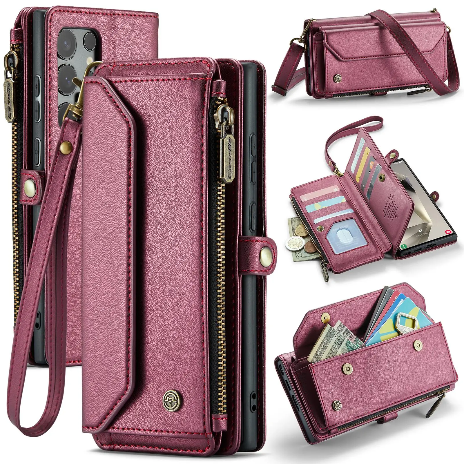 CaseMe Crossbody Phone Case with Card Slot (1 Count), PU Leather Phone Wallet Case with Zipper & Removable Wristlet, Phone Accessories for Samsung Gal