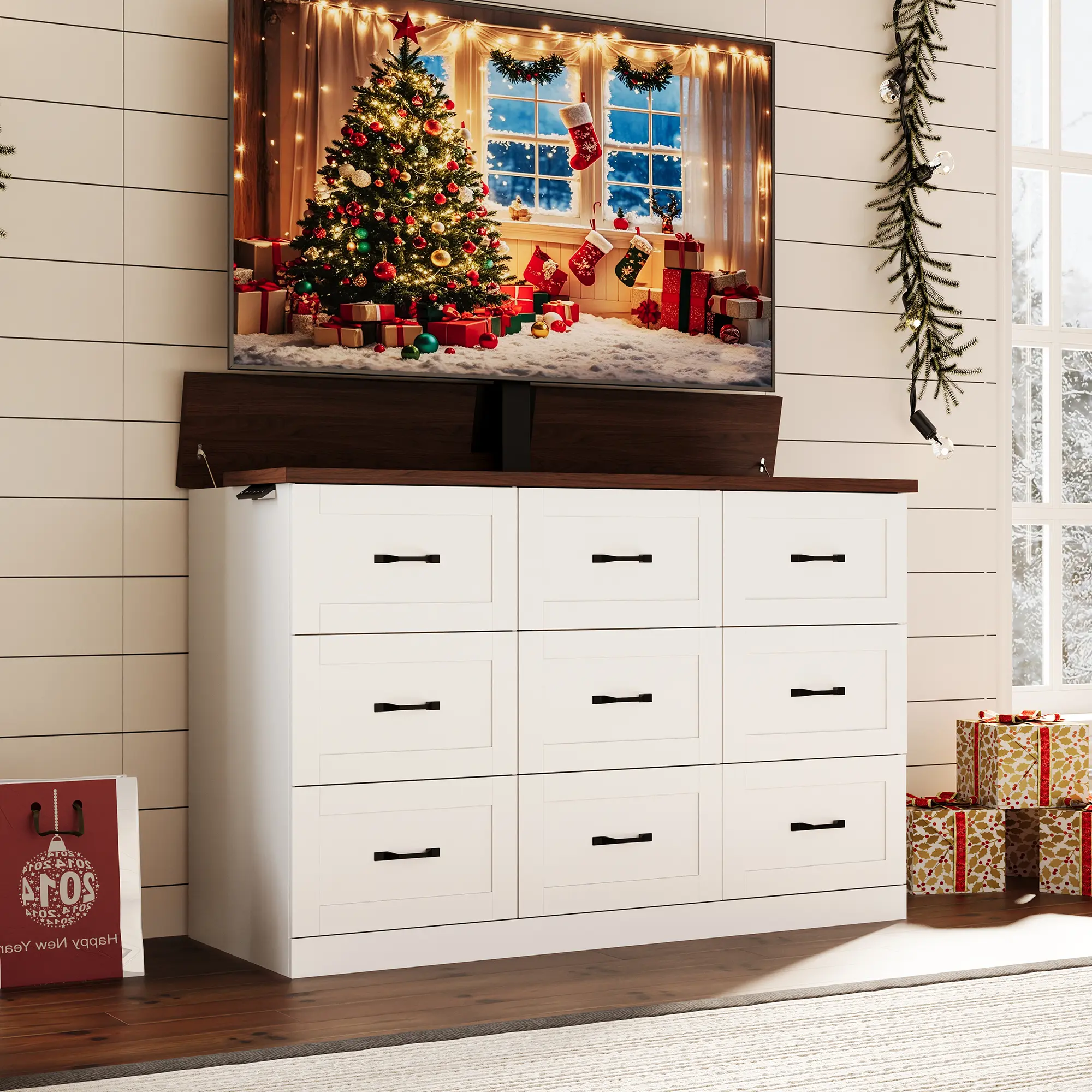 FUFU&GAGA 63" Electric Lift TV Dresser with Hidden TV Mount, 9-Drawer Farmhouse Media Chest, Remote Controlled Rising TV Bedroom Storage Dresser