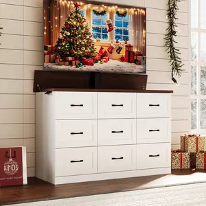 FUFU&GAGA 63" Electric Lift TV Dresser with Hidden TV Mount, 9-Drawer Farmhouse Media Chest, Remote Controlled Rising TV Bedroom Storage Dresser