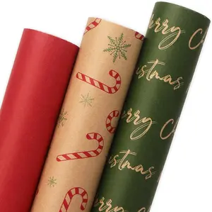 Christmas Wrapping Paper, 3 Rolls Brown Red Green   Wrapping Paper Rolls, Candy Cane Christmas Printed Assortment, Mini Roll 17 inch x 120 inch(10feet) Per Roll