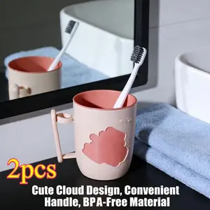 2pcs 2026 New Cloud Color Block Handle Mouthwash Cup, Non-Slip Portable Travel Toothbrush Cup, Lightweight Durable Plastic Material