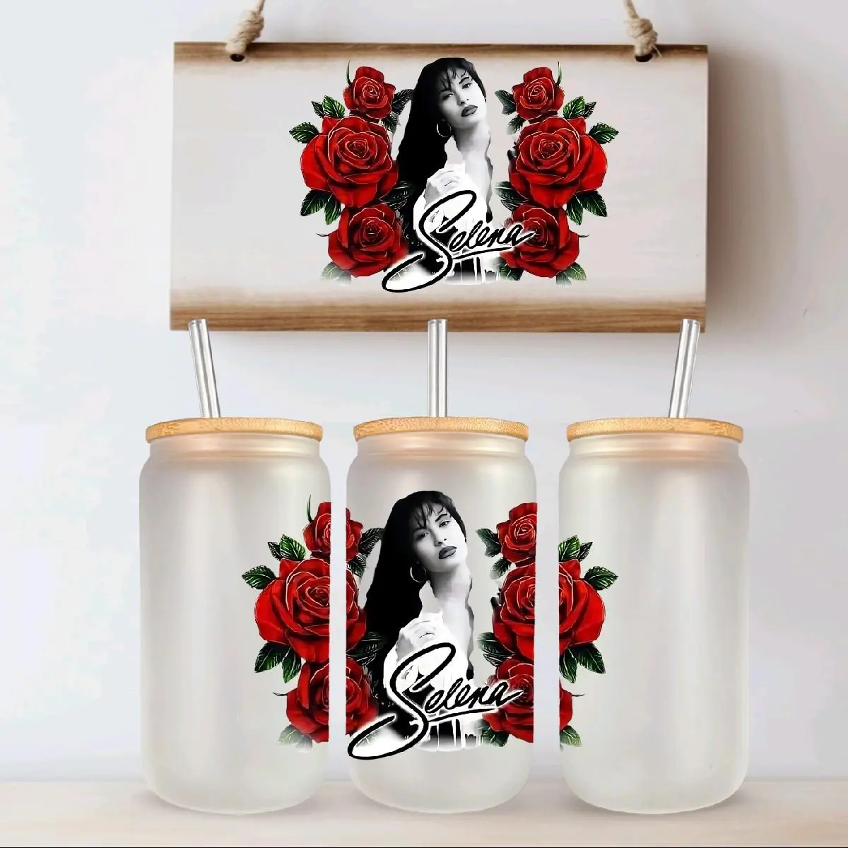 Stylish Selena Quintanilla 16oz Frosted Soda Can-Shaped Tumbler - Bamboo Lid, Metal Straw, Plastic-Free Reusable Kitchen Drinkware, Beverage Container, Lemonade Use, Hand Wash Only, Unisex Adults Accessory, Frosted Glass