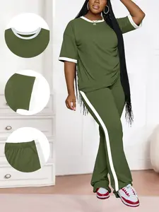 Women's Striped Sportswear Set, Loose Short Sleeve Top & High Waist Pants Two-Piece, Casual Fashion Daily Comfortable Tracksuit Workout Sets, Sweatsuit Set Outfit