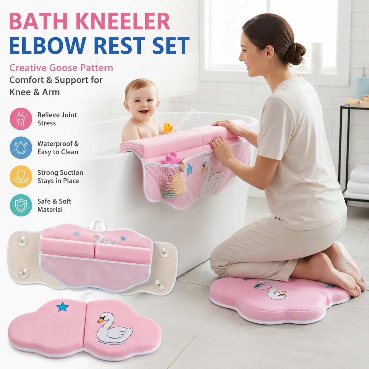 Waterproof Soft Cotton Blend Bath Kneeler & Elbow Rest Set - 1 Kneeler, 1 Elbow Rest, Strong Slip-Resistant Suction Design, Goose Pattern, Safe & Soft Material, Relieves Knee & Arm Pressure (Home & Bathroom Supplies)