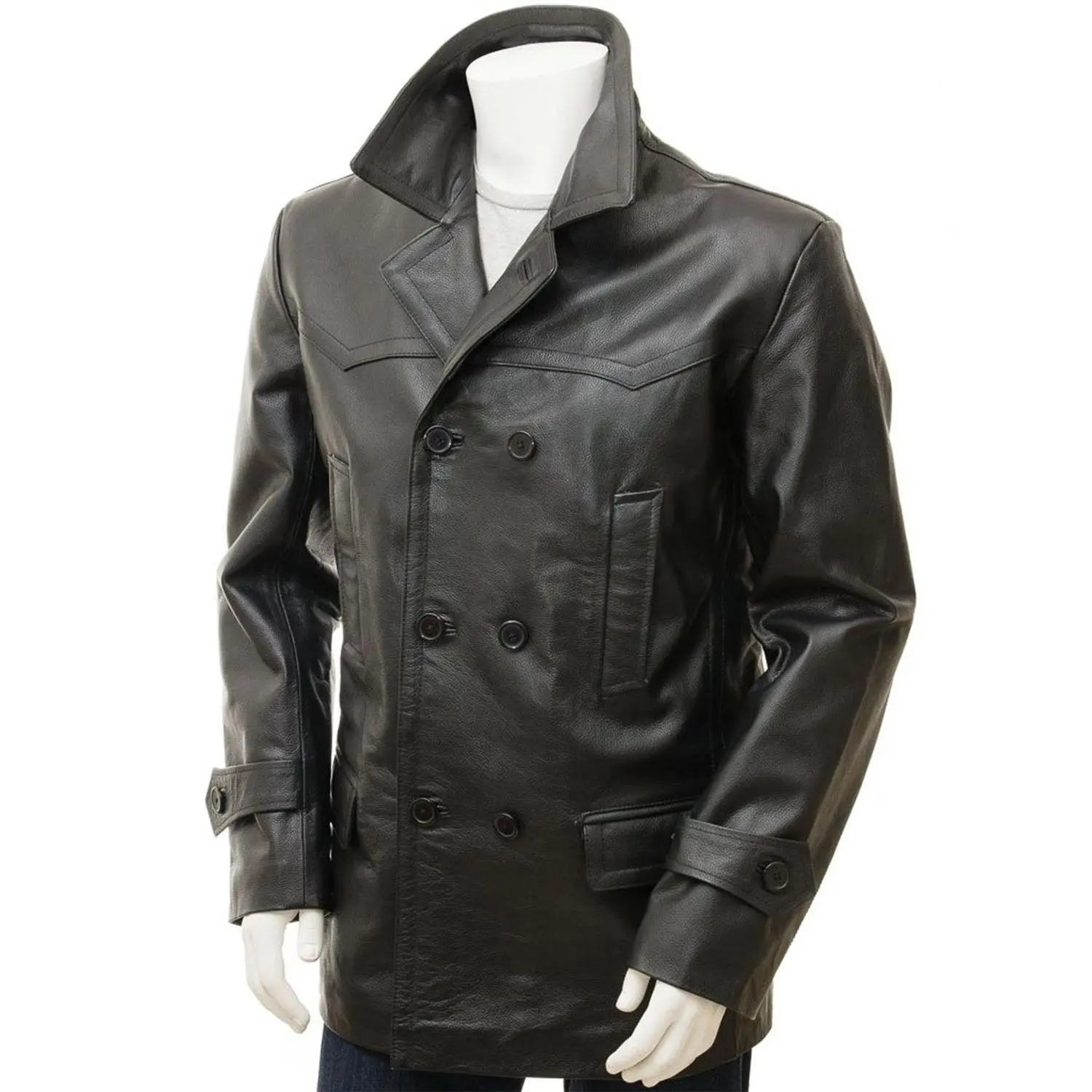 MotorCycleJackets Men's Real Sheepskin Leather Classic Style Peacoat