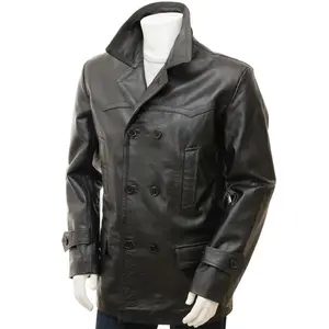 MotorCycleJackets Men's Real Sheepskin Leather Classic Style Peacoat