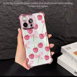 Elegant cherry pattern phone case, four corner airbag anti drop protection, anti yellowing electroplating ultra-thin TPU material, suitable for iPhone 17Pro Max Air 16 15 Plus 14 13 12 11 XR XS and Samsung Galaxy S25 S24 S23 S22 phone cases. A17