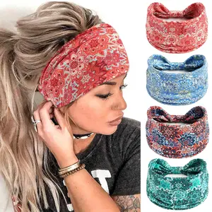 Boho Headbands for Women Fashion Floral Headwraps Knotted Wide Hairbands Large  Bandana Elastic Workout Yoga   Band  Thick Turban Cute Hair Accessories 4 count