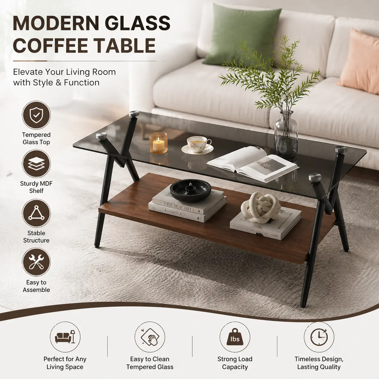 Rectangular Coffee Table with Tempered Glass Top Brown MDF Storage Shelf Modern Living Room Center Table Gray Glass Elegant Minimalist Accent Table for Apartment Home Office Sofa Side Furniture Decor