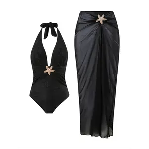 Women's Solid Color Starfish Decor One-piece & Beach Skirt Set, Casual Fashion Tie Back Swimsuit for Beach Holiday Vacation, Ladies Swimwear for All Seasons, Swimsuit Beachwear, Sea Fancy Swimsuits, Stretch Fabric Swimwear