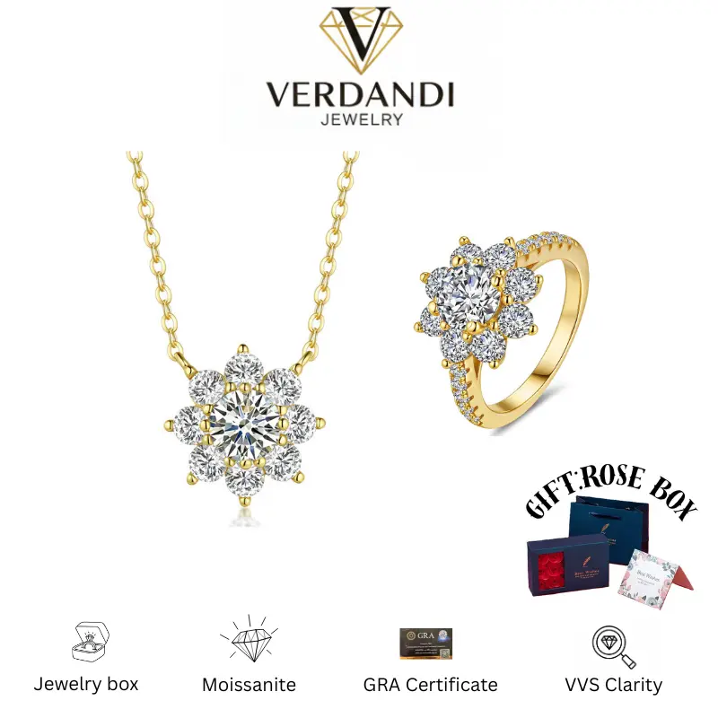 Sunflower 925 Sterling Silver Moissanite Ring and Necklace Jewelry set for Women Gift for Valentine's Day gift