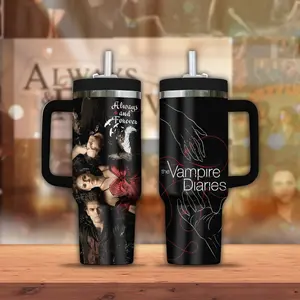 The Vampire Diaries Tumbler 40oz with Handle, Mystic Falls Aesthetic Cup, Damon Salvatore Elena Stefan Fan Gift, Supernatural Romance Drama Mug, Dark Fantasy Travel Mug, Stainless Steel Tumbler