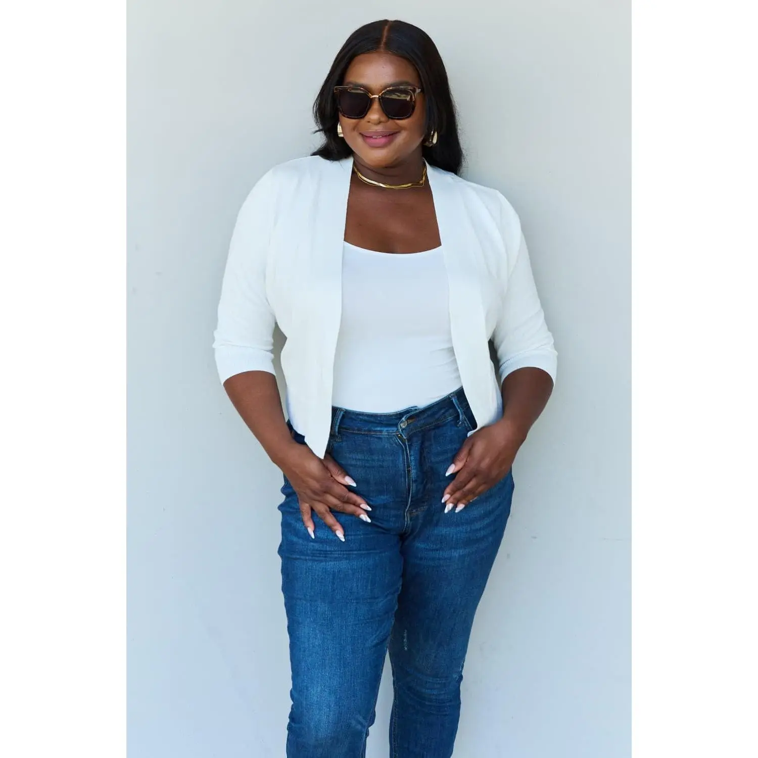 Doublju My Favorite Full Size 3/4 Sleeve Cropped Cardigan in Ivory