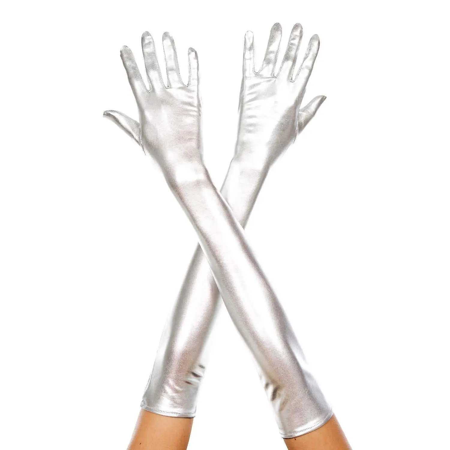 Extra long metallic gloves, 457-Silver