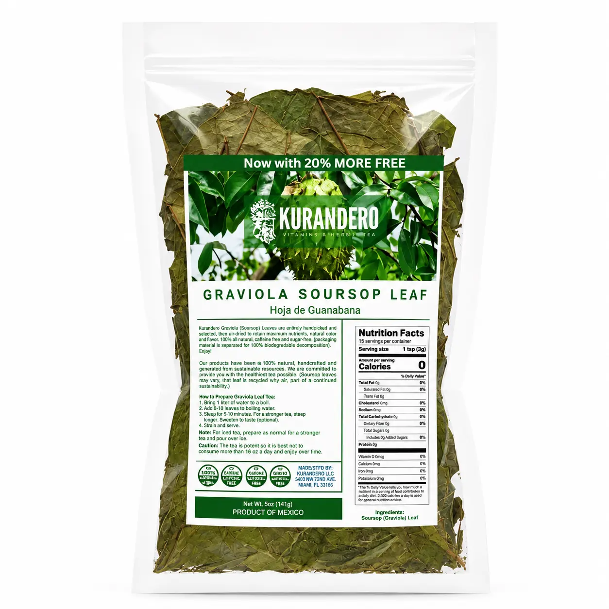 KURANDERO Graviola Soursop Leaf Tea (Hoja de Guanabana) – 5 oz (141g) – Premium 100% Natural Dried Leaves – Product of Mexico – Vegan & Farm-Grown Herbal Health Tea Flavor