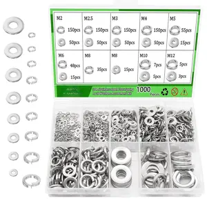 1000 count Flat Washer and Spring Lock Washers Assortment Kit,9 Metric Sizes Washers for (M2,M2.5,M3,M4,M5,M6,M8,M10,M12),304 Stainless Steel Lock Washers & Flat Washers for Screws