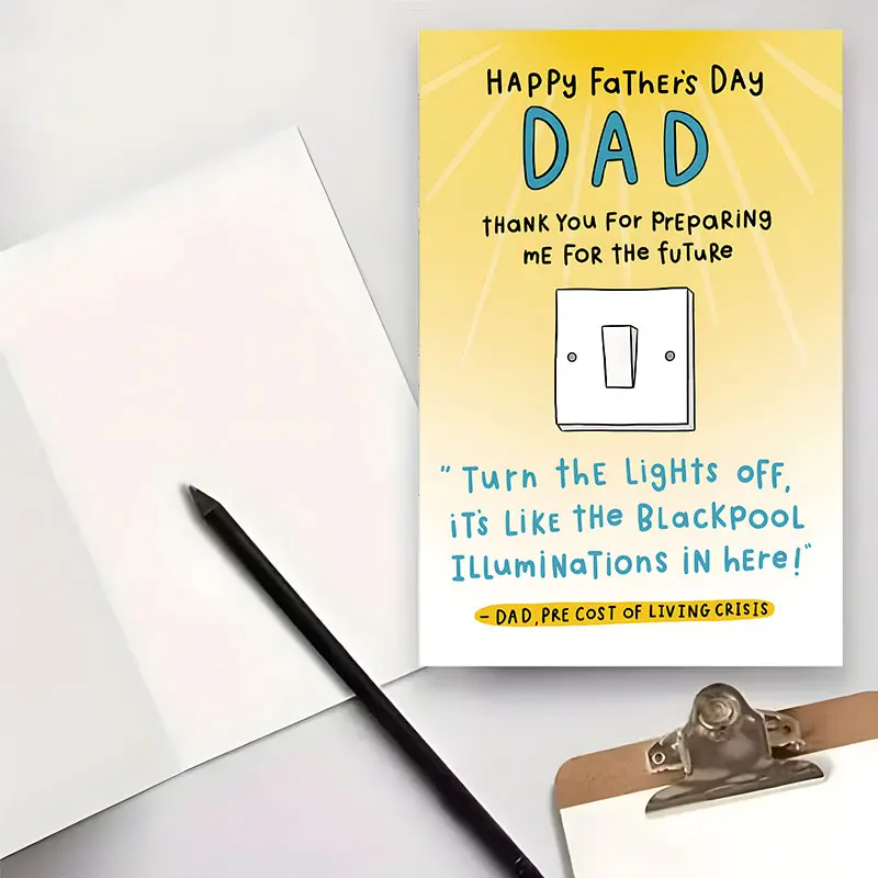Funny Dad Quote Father's Day Card, Cost of Living Humor Greeting Card, Light Switch Themed Funny Dad Card, Relatable British Dad Joke Card, Sarcastic "Preparing for the Future" Father's Day Gift