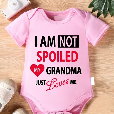 PUEMCO Unisex Cotton Blend Short Sleeve Bodysuit - "I Am Not Spoiled My Grandma Just Loves Me" Print, Cartoon Patterns, Breathable, Lightweight, Snap Closure, Baby Girl Clothes, 0-3m/3-6m/6-9m/12-18m, for Birthday, Summer Outdoor Use