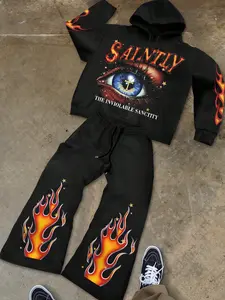 Men's Fall Winter Sports Set Hoodie Sweatpants Two-Piece Eye Flame Print Street Dance Fashion Casual Unique High-End Style Streetwear Tracksuit Set