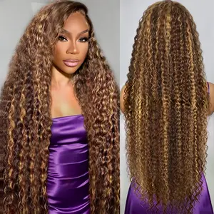 CHESMA 13x6 Ombre Highlight Water Wave HD Lace Front 210% Density Honey Blonde Curly Human Hair Wigs for Beauty Frontal Lace Wigs Glueless Lace Wigs