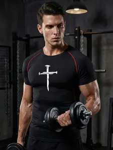 Men's Nail Cross Print Short Sleeve Compression Shirt, Gym Workout Fitness Running T-Shirt Tees, Tight-Fitting Sporty Rash Guard Baselayers Undershirts, Summer Quick-Dry Breathable Round Neck Shirt, Compression Sports Tee