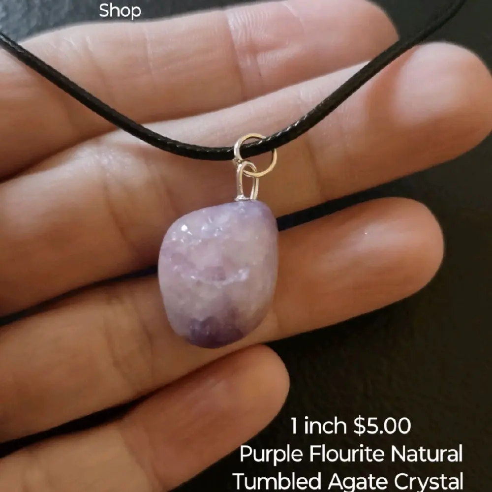 Purple Flourite Natural Tumbled Agate Crystal 18 Inch Necklace - Adjustable Length, 1 Inch Pendant, $5.00