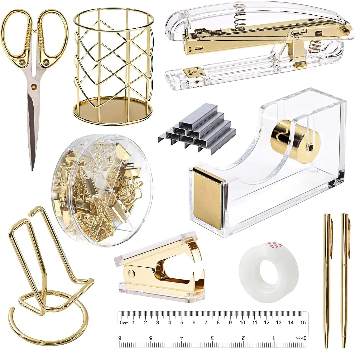 Gold Office Supplies Set Desk Accessories, Acrylic Stapler Set Staple Remover, Phone Holder, Tape Holder, Pen Holder, 2 Ballpoint Pen, Scissor, Binder Clips, Ruler, Transparent Glue and Staples.