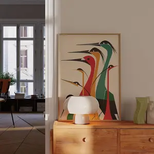 1pc Vibrant Abstract Birds Canvas Art Print - Mid-Century Modern Minimalist Style, Colorful Crane Wall Decor for Living Room, Bedroom, Home Office - Frameless, Spray Paint on Canvas, Indoor Sophistication