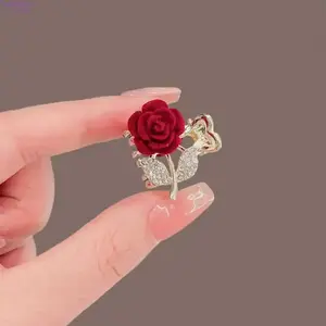 6-Piece Women’s Elegant Hair Clip Set, Red Velvet Rose & Rhinestone Leaf Design Hairpins, Luxury Delicate Hair Accessories for Short & Long Hair, Ideal for Daily Wear, Dinner Parties & Formal Occasions