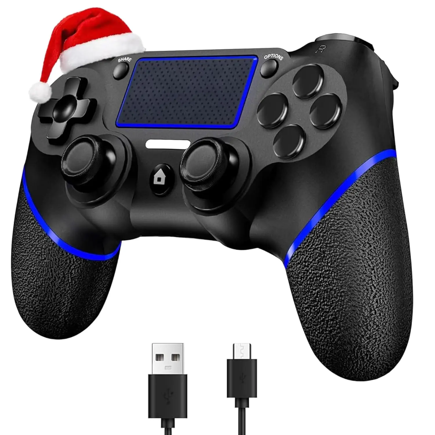 Wireless game controller for PS4/PC, includes charging cable and user manual, compatible with the PlayStation 4 console. Black and green
