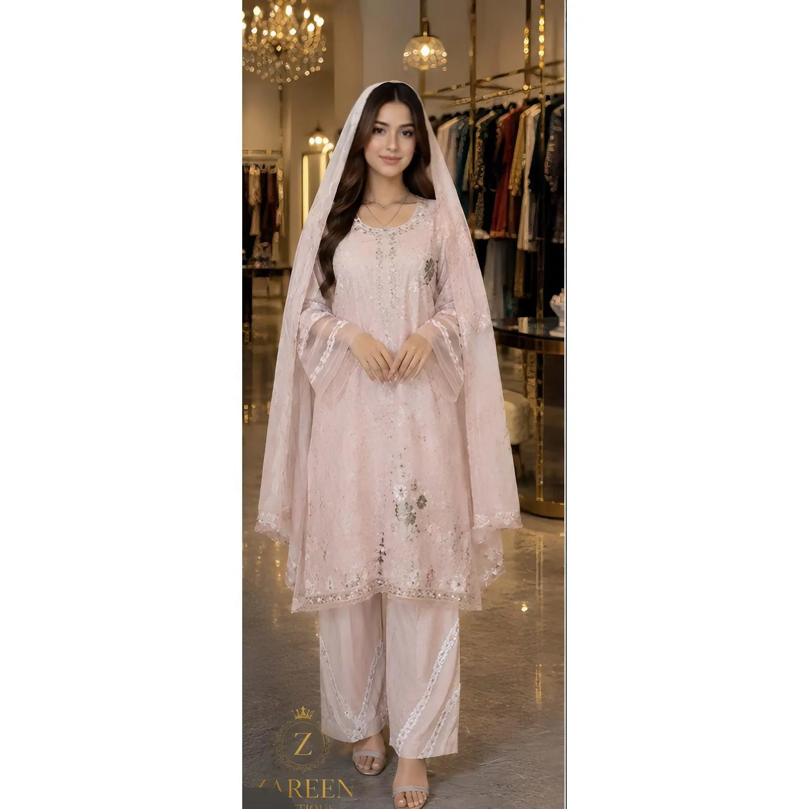 Zareen Boutique Elegant Punjabi 3-Piece Suit Collection Soft Pink XXL with Delicate Floral Embroidery & Lace Detailing for Eid & Parties