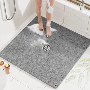 Shower Mat, 32x32 Inch Square Non Slip Bathtub Mat, Soft PVC Loofah Bath Mat for Tub with  Holes, Quick Drying Shower Floor Mat, Without Suction Cups, Grey
