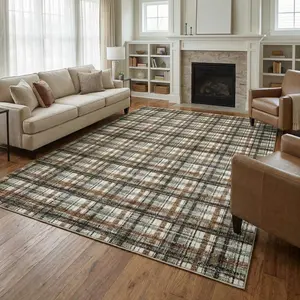 Washable Area Rug Plaid Rugs for Living Room Non Slip Bedroom Rug Soft Non-Shedding Floor Cover Classic Foldable Accent Carpet Low Pile Thin Mat for Bedroom Office Nursery Green Coffee