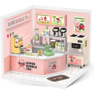 Rolife Plastic House Building Set Toy DIY Miniature Dollhouse Playset with LED for Mini Figures Construction Toys Diorama Kit Gifts for Teens Adults DW006 Milk Tea Shop