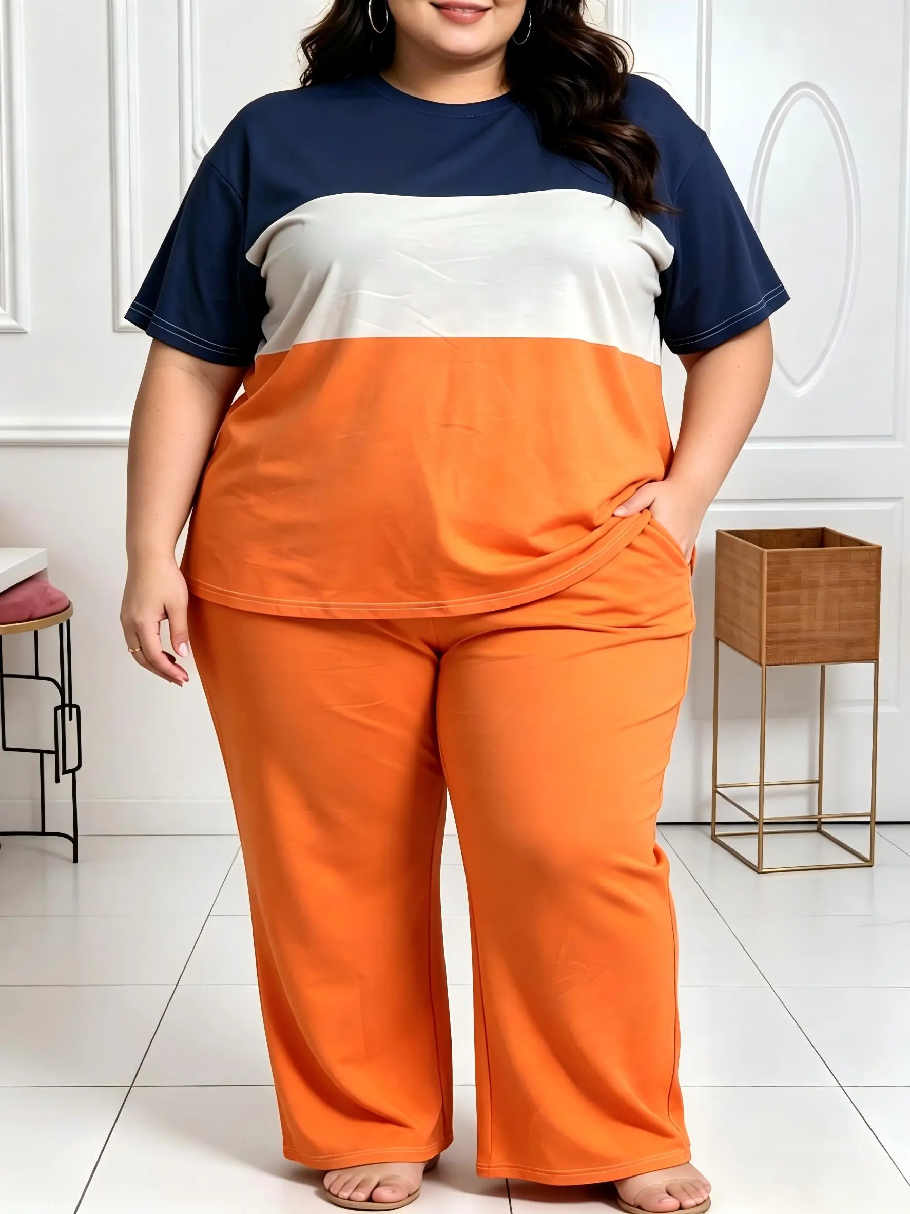 Women'S Large Size Color Block Casual Outfit - Comfortable Polyester Short Sleeve Top and Loose Wide Leg Pants Set, Machine Washable, Suitable for Fashion Casual Clothing, Plus Size Pants Women'S Plus Size Clothing Elegant Womenswear