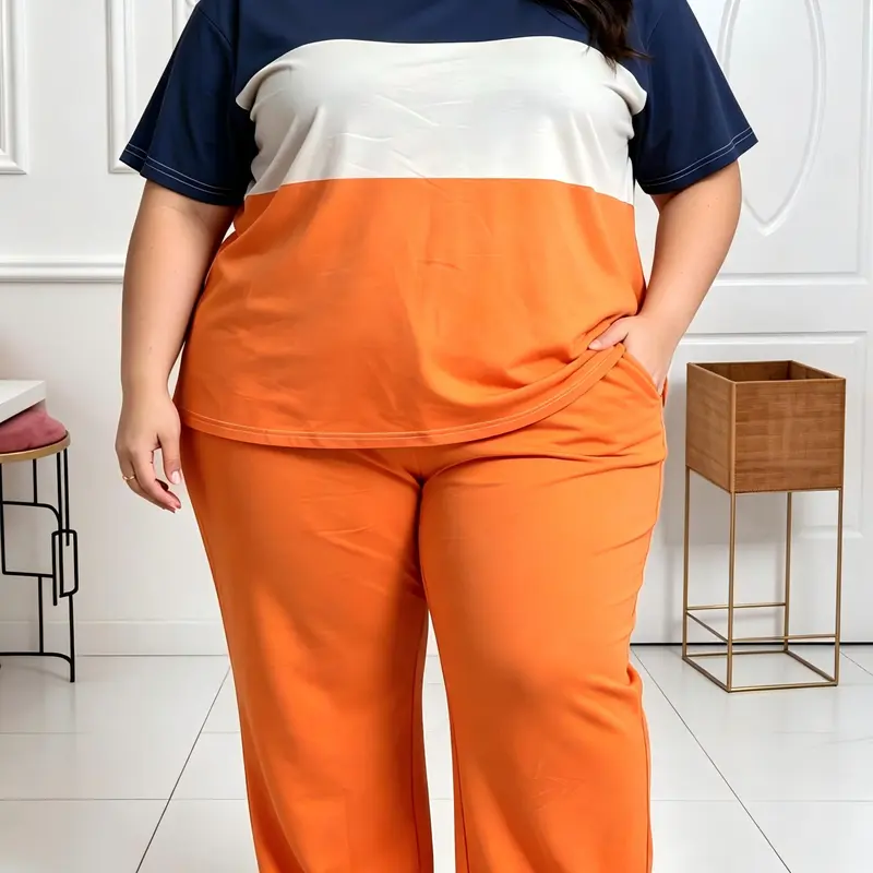 Women's Plus Size Color Block Knit 2-Piece Casual Set - Crew Neck Polyester Short Sleeve Straight Top, Loose Wide Leg Pants, Comfortable Fabric, Machine Washable, Elegant Women's Clothes
