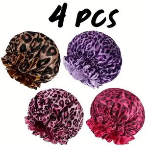 4 Piece Double Layer Satin Bonnet Soft Breathable Hair Care Bonnet Adjustable Night Sleeping Cap Heatless Styling Tool for Women Leopard Print Anti-Frizz Haircare Smooth