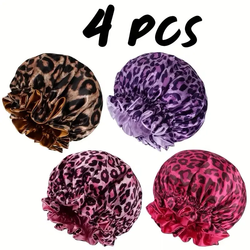 RS ROHAJSHOP Women's 4-Piece Double Layer Satin Bonnet - Soft, Breathable, Adjustable Night Sleeping Cap, Anti-Frizz Haircare Tool, Heatless Styling Solution, Leopard Print Hair Styling Tools