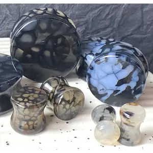 PAIR Black Dragons Vein Agate Stone Double Flare Plugs Organic Earlets Gauges