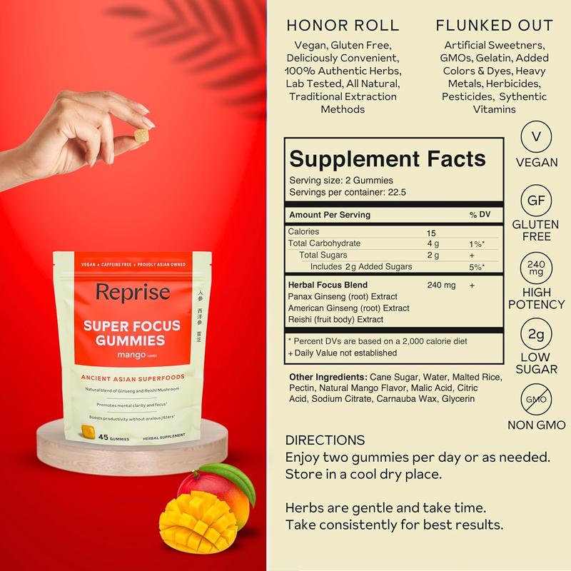 Super Focus Gummies for Adults | American & Korean Ginseng with Reishi Mushroom extracts | All Natural Gummies for Focus, Mood, and Energy | Mango Flavored | 45 Count