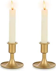 Gold Taper Candle Holder Set of 2, Hewory Short Skinny Brass Candlestick Holders, Vintage Small Low Metal Candles Sticks for Wedding Centerpieces Christmas Birthday Party Holiday Dinning Table Decor