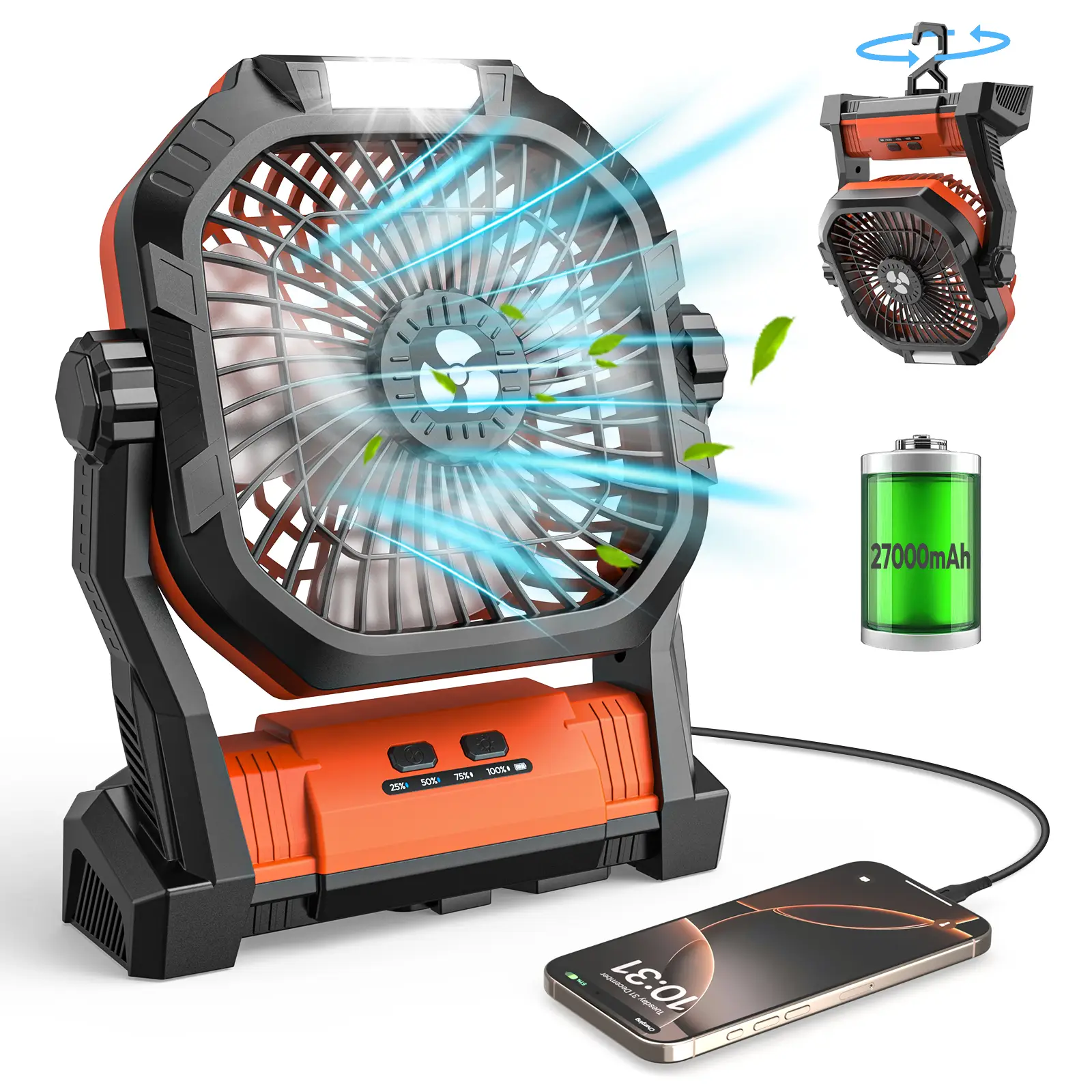 Portable Camping Fan, 27000mAh Cordless Battery Powered Fan with LED Lantern, 2 in 1 Portable Fan with 4 Speeds, USB C Battery Operated, Outdoor Fan f