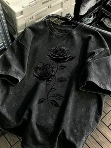 American High Street Vintage Washed Rose Print T-Shirt, Gothic Style, Loose Fit, Casual, Fashionable Summer Top for Men, Trendy Streetwear