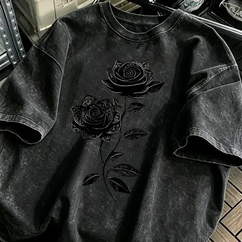 American High Street Vintage Washed Rose Print T-Shirt, Gothic Style, Casual Loose Fit, Baggy, Oversized, Fashionable Summer Top for Men, Trendy Streetwear, Graphic Menswear Top