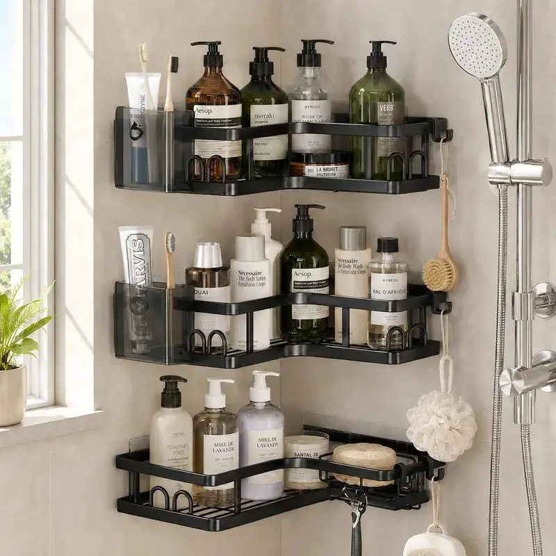 5 PCS Corner Shower Caddy,90° Wall Mount Shower Caddy, No Drilling Large Capacity Shelves with Hooks &Toothpaste Holder,Faucet Sponge Holder Over Faucet for Bathroom Rust-Resistant Bathroom Shower Storage Rack,homeessentials,cozyhome,halloweendecor