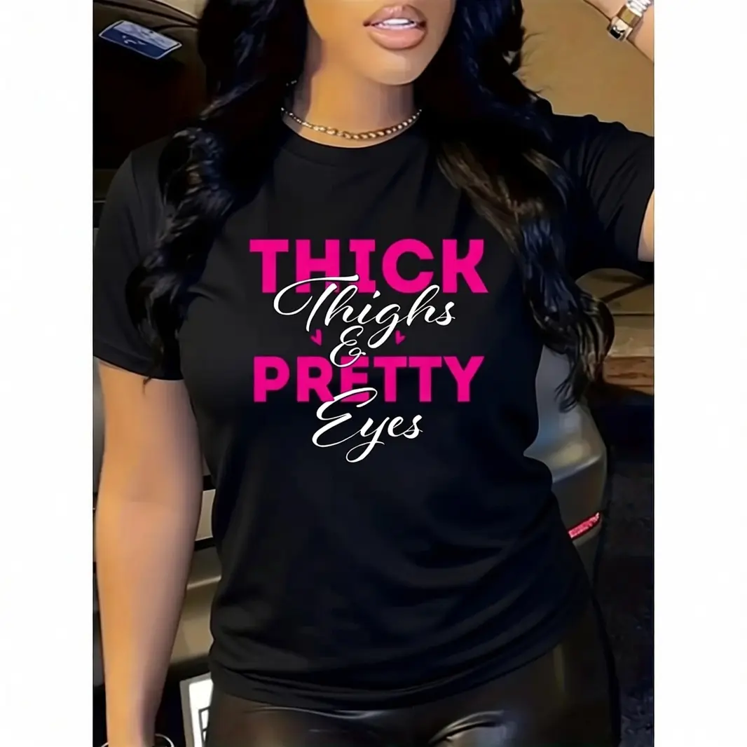 Women's Cotton Graphic Casual T-shirts - Short-Sleeve Round Neck, Thick Thighs Pretty Eyes Slogan, Beach Streetwear Gift For Her