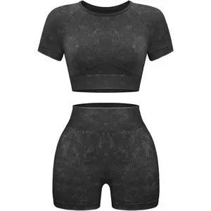 Womens Workout Sets 2 Piece - Seamless Acid Wash Outfits Shorts and Crop Top Matching Gym Athletic Clothing Set