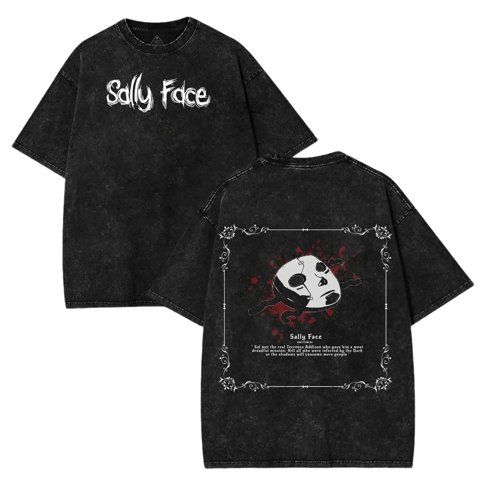 Sally Face Indie Horror Game Graphic Tee Acid Wash Oversized Vintage Shirt For Men Women Gothic Emo Alt Streetwear High Definition 2D Print Premium Cotton Casual Top Video Game Merch Y2K Gamer Outfit Everyday Wear Trending Anime Halloween Gifts Today!